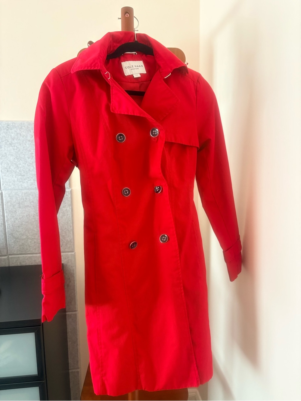 Cole Haan Red Double-Breasted Trench Coat with Classic Lapel
